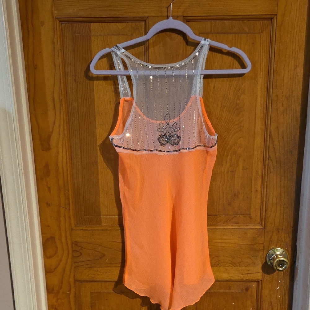Orange Sheer Embellished Tank Top